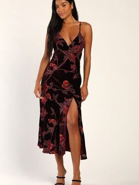 Lulus Divine Allure Burgundy Floral Burnout Velvet Midi Dress Red - Size XS
